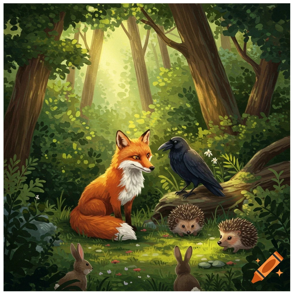 An illustrated scene of a red fox, a black crow, two hedgehogs, and two rabbits in a bright, sunlit forest.