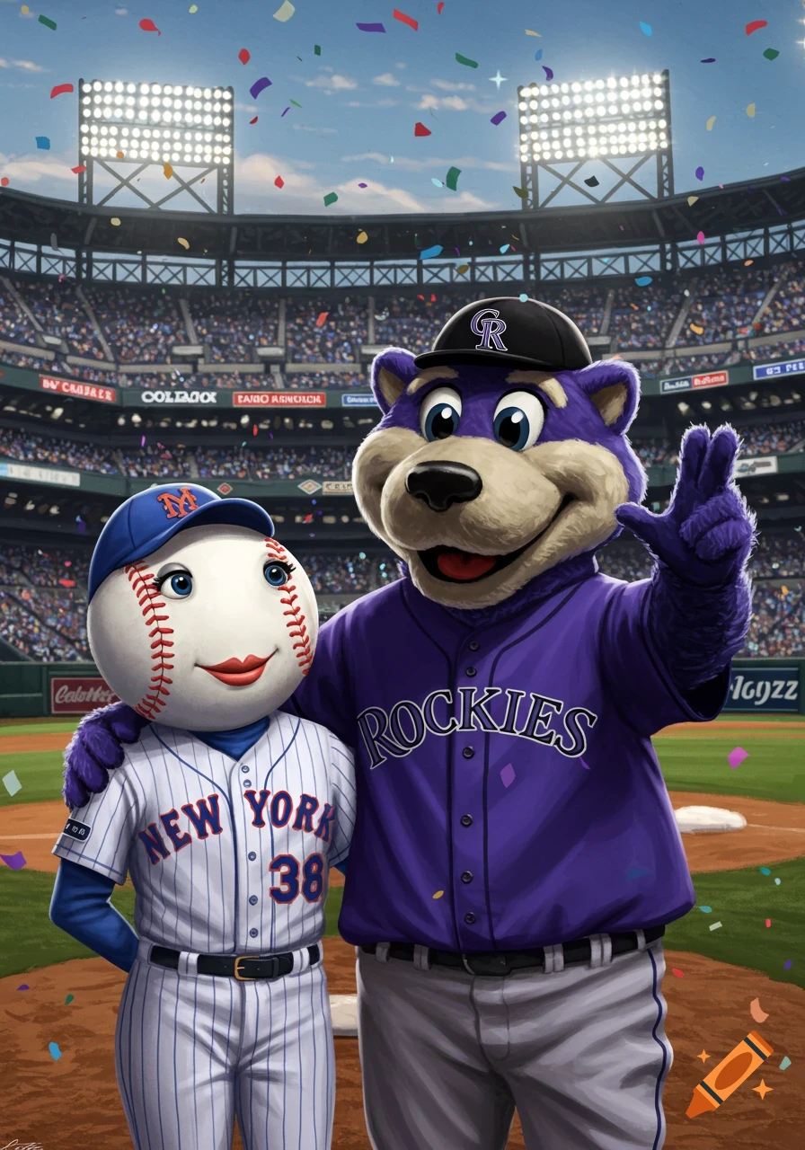 A purple bear mascot and a baseball character mascot stand on a baseball field with a stadium full of fans in the background.