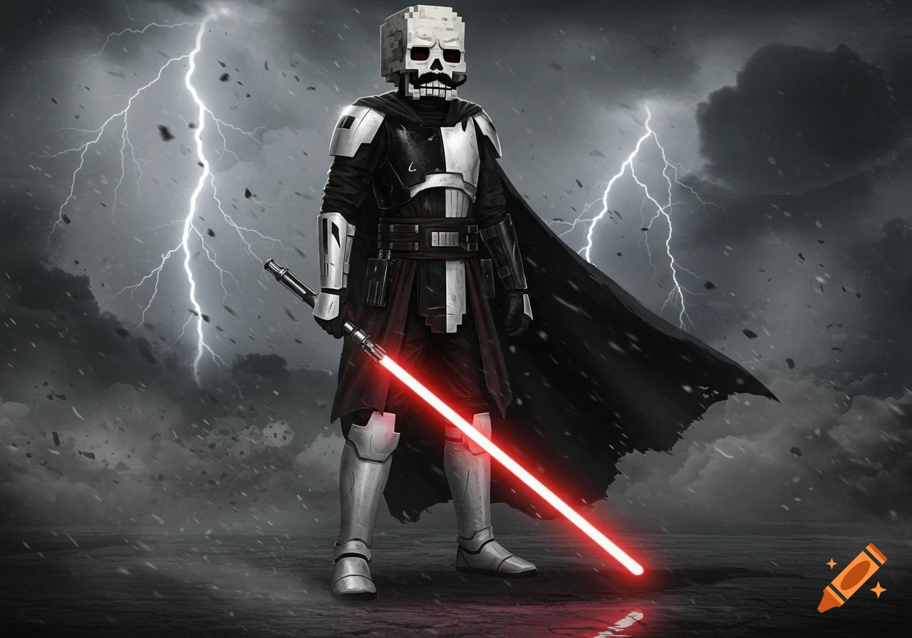 A hyperrealistic Sith Lord with a Minecraft skeleton head and a mustache, wearing black and white armor and a cape, holding a red lightsaber under a stormy, lightning-filled sky.