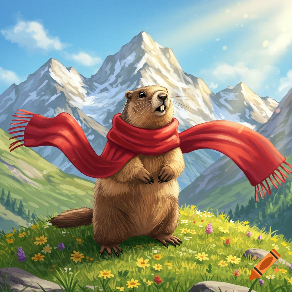 A cartoon marmot with a red scarf stands in a sunny mountain meadow, surrounded by wildflowers and snow-capped peaks.