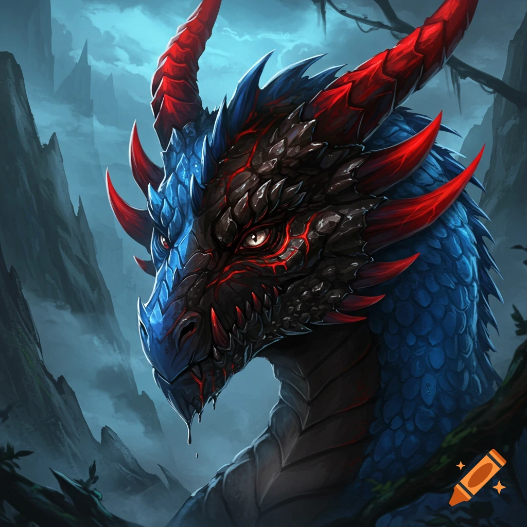 A blue and black dragon with red horns and glowing red eyes, with a black liquid dripping from its snout, set against a dark, misty background.