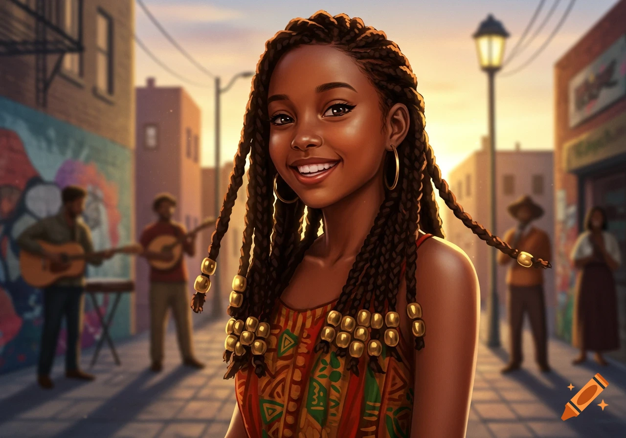 A smiling Black girl with box braids and golden beads stands in an urban street at sunset with blurred musicians. Stylized.