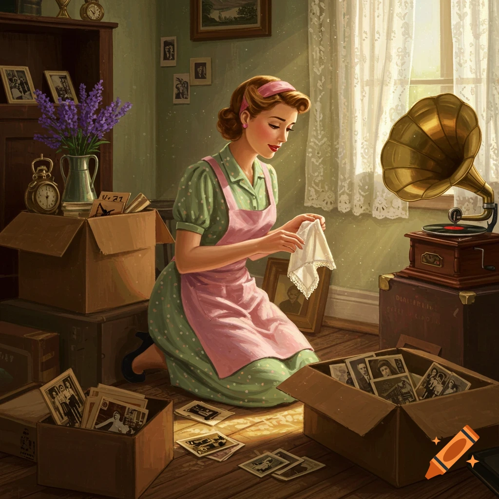 A woman in a green dress and pink apron kneels on the floor, looking through old photos in cardboard boxes in a vintage-style room with a gramophone and lace curtains.