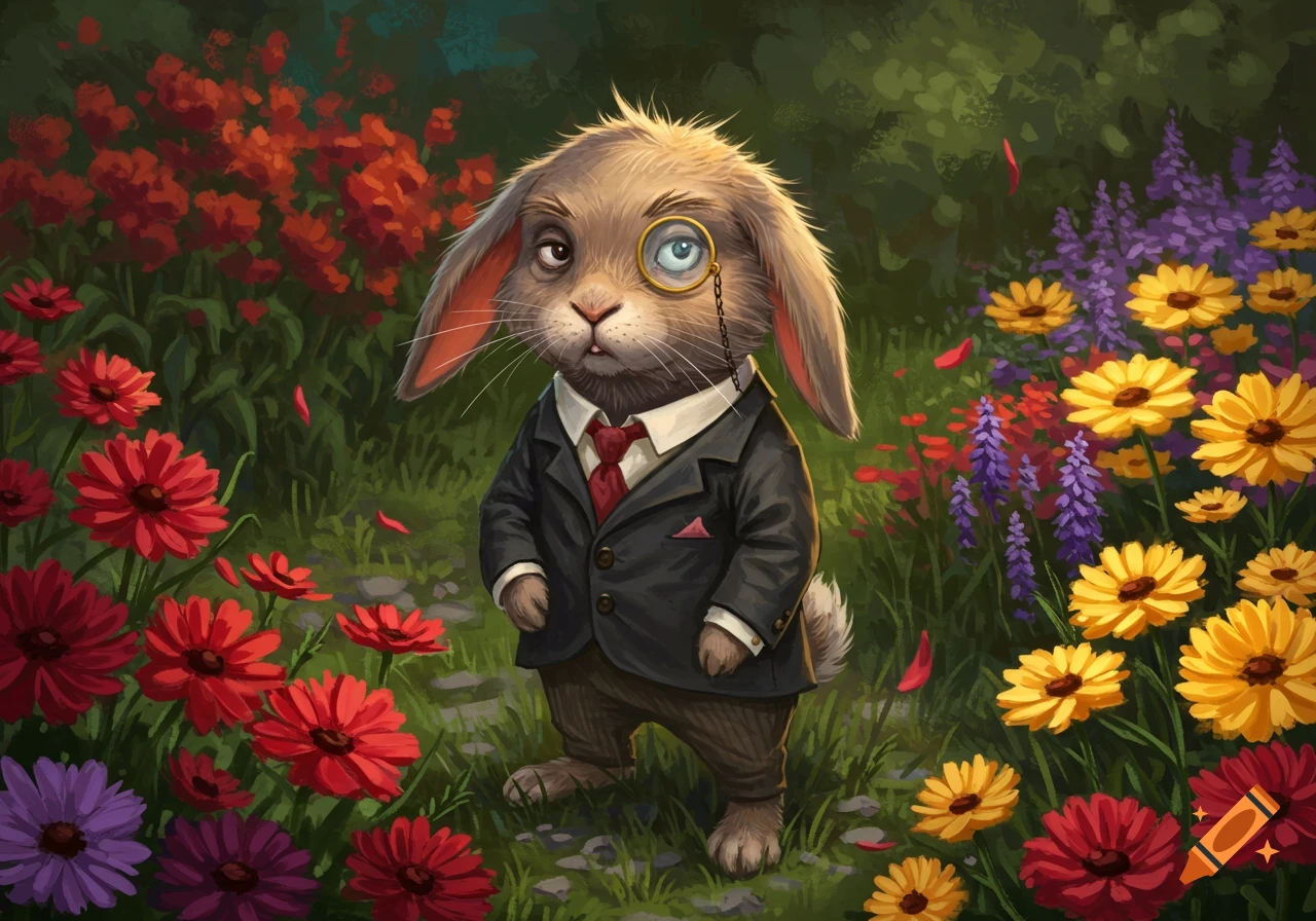 An anthropomorphic rabbit in a suit with a monocle stands in a lush garden filled with colorful red, yellow, and purple flowers.