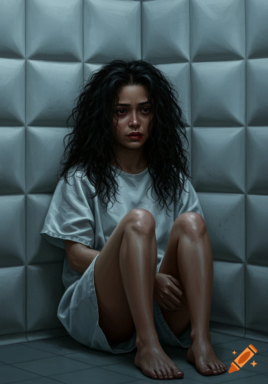 A distressed woman with dark curly hair and pale skin sits on the floor of a padded cell, with blood on her lip and dark circles under her eyes.