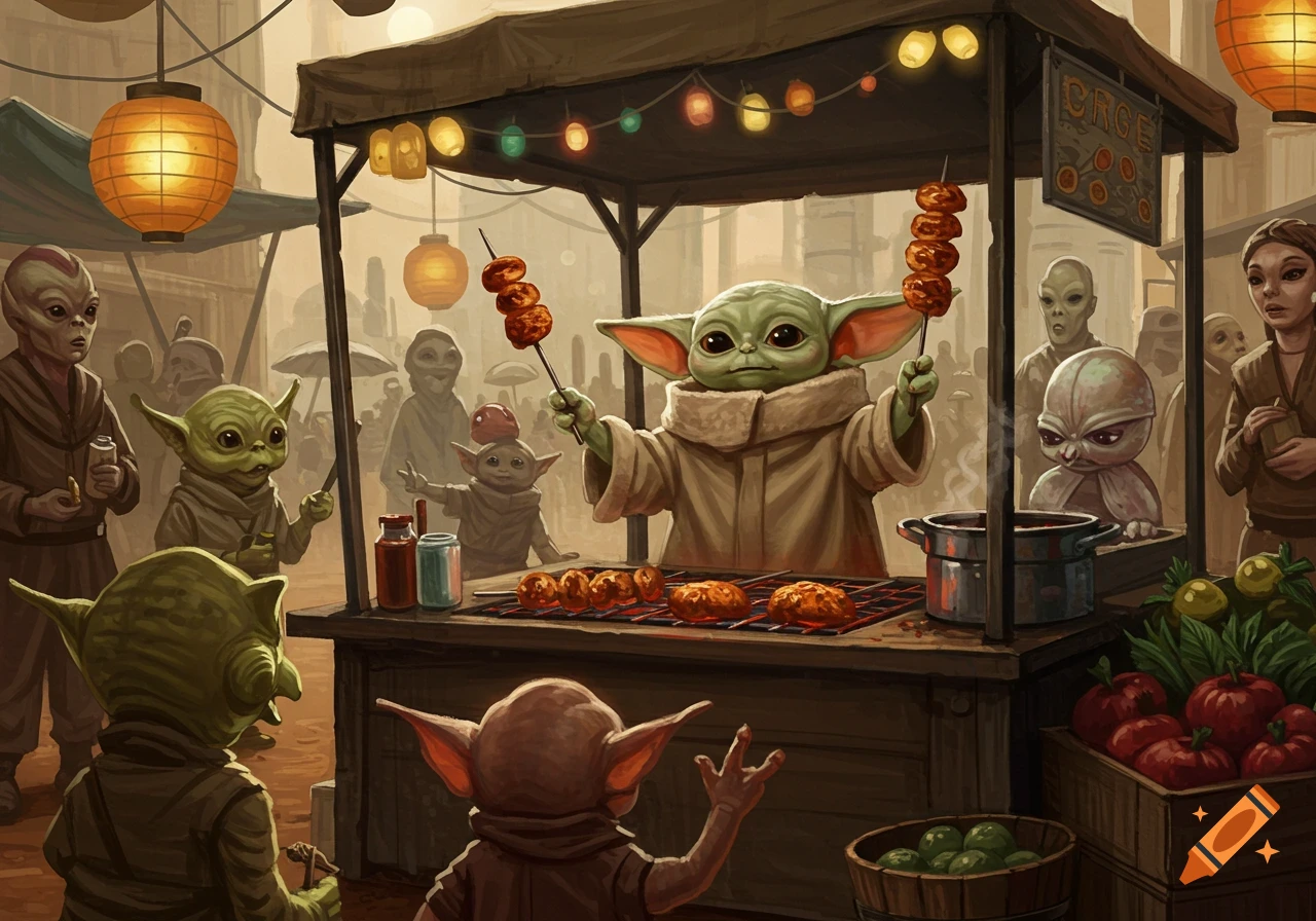 Grogu selling food skewers at a bustling alien street market filled with various alien species and glowing lanterns.