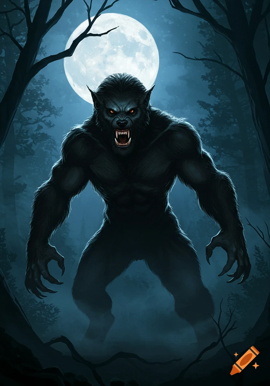 A fearsome werewolf with red eyes and sharp fangs snarls in a dark, misty forest under a bright full moon.
