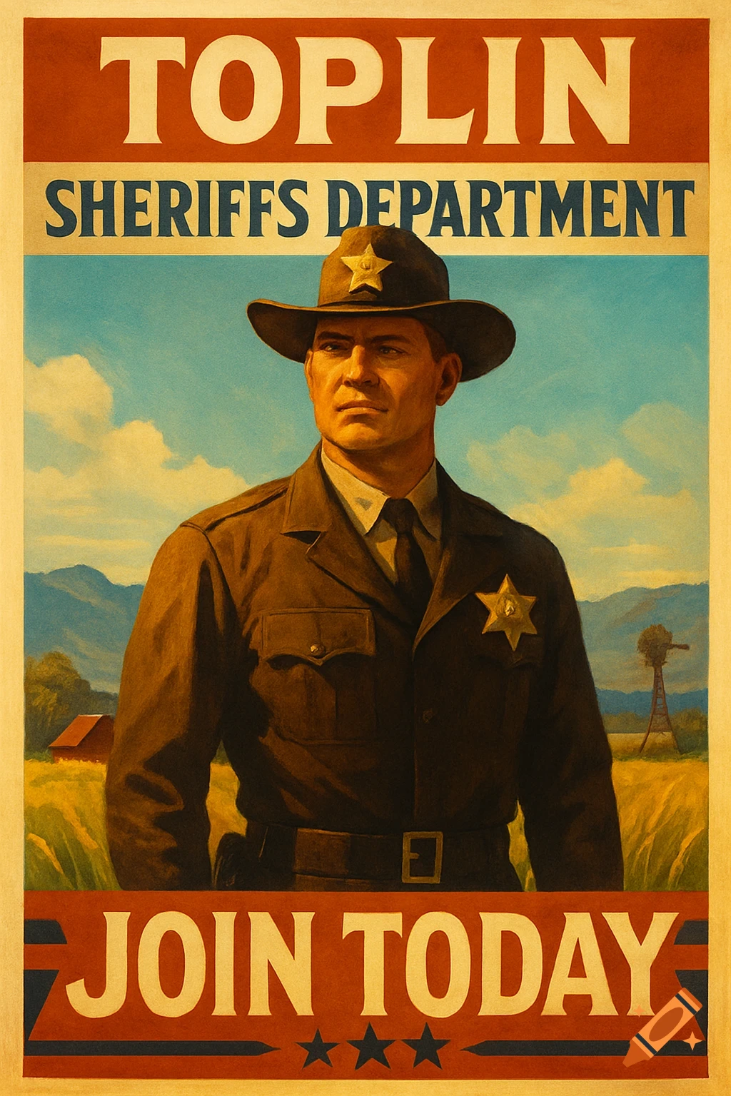 Vintage poster of a sheriff in a hat and uniform, with text "TOPLIN SHERIFFS DEPARTMENT" and "JOIN TODAY".