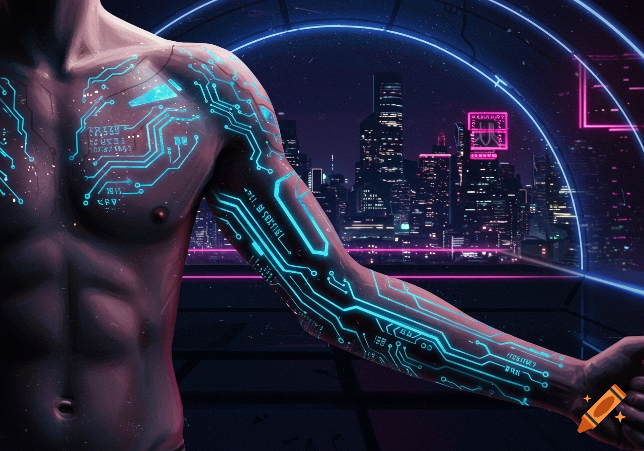 A muscular torso and arm with glowing blue cyberpunk circuitry tattoos, set against a neon-lit futuristic city skyline.