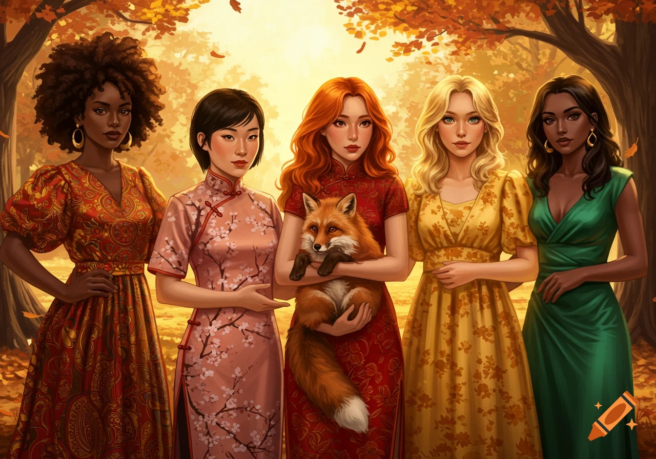 Five diverse women, one holding a fox, stand in an autumn forest with colorful trees and fallen leaves. Painterly style.