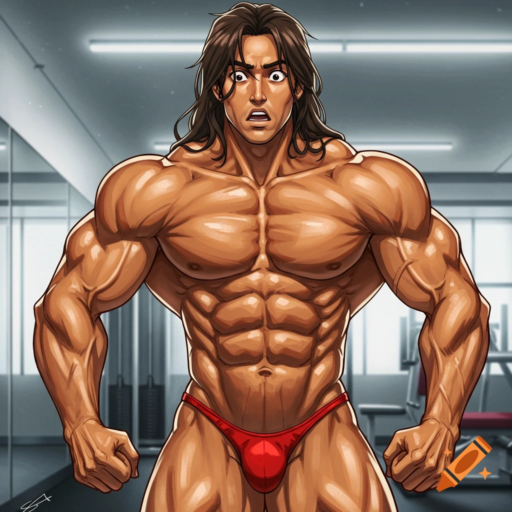 A shocked, very muscular Latin man with long hair in a red speedo poses in a gym, in an anime illustration style.