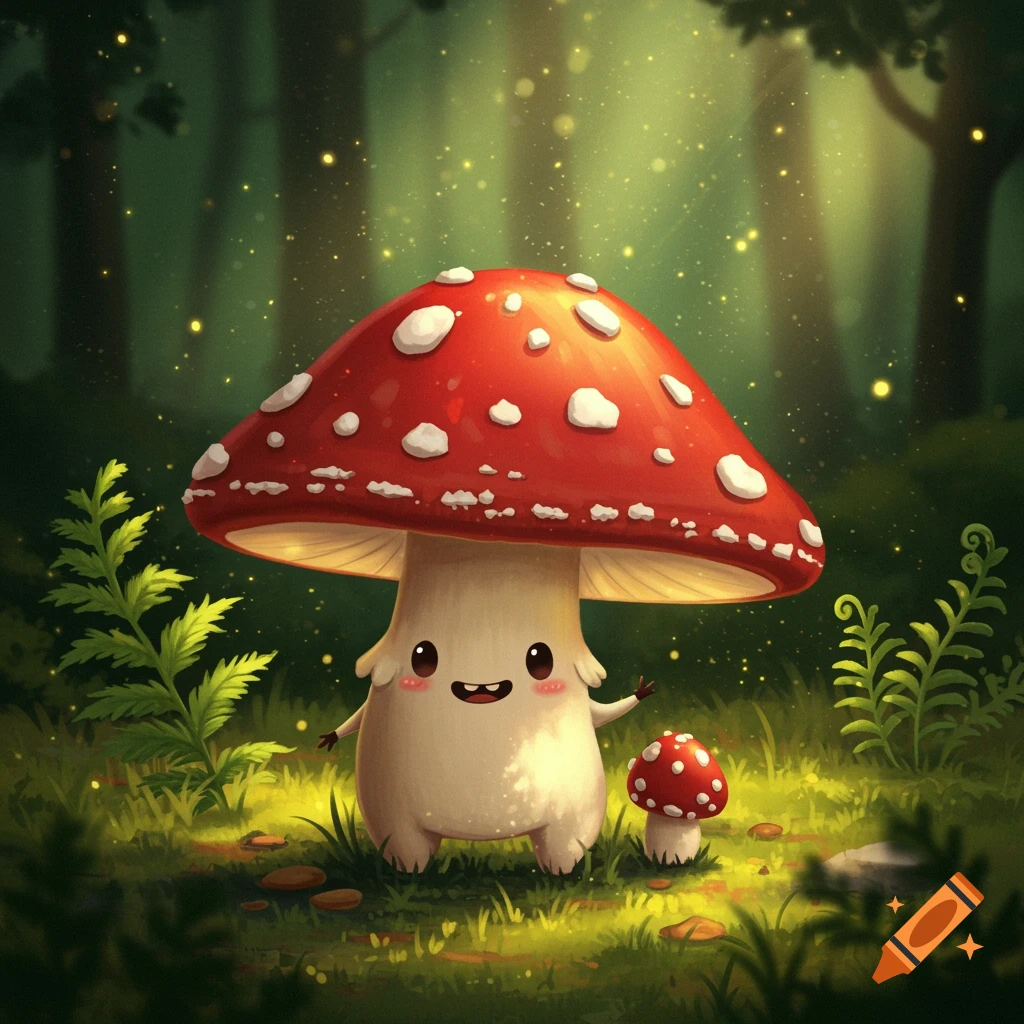 A cute, smiley red and white mushroom character with tiny limbs stands in a magical, glowing forest next to a smaller mushroom.