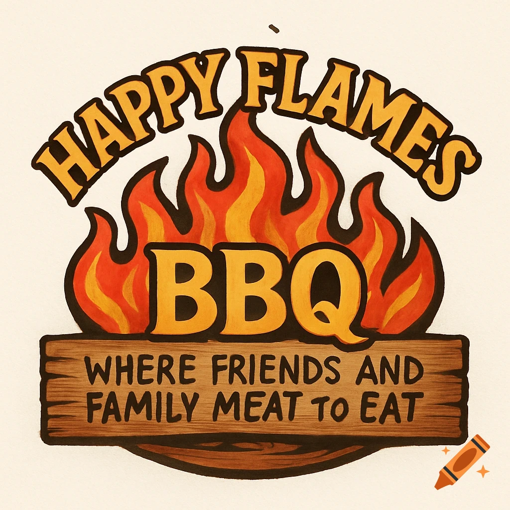 A vibrant BBQ logo featuring orange and red flames, text reading 'Happy Flames BBQ', and a wooden sign with 'Where Friends and Family Meat to Eat'.