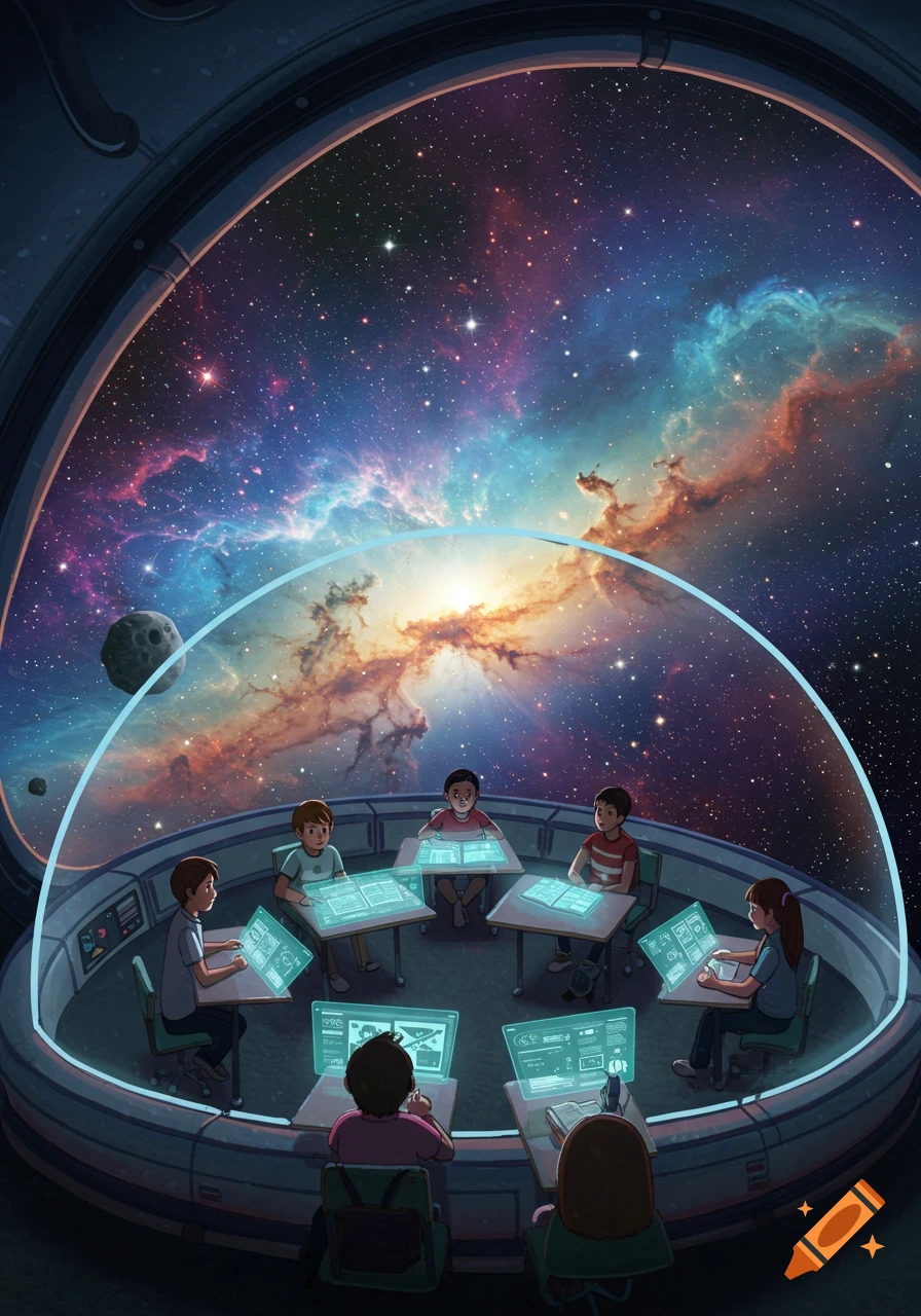 Children in a futuristic classroom looking at holographic screens with a view of a colorful nebula and planets in space.