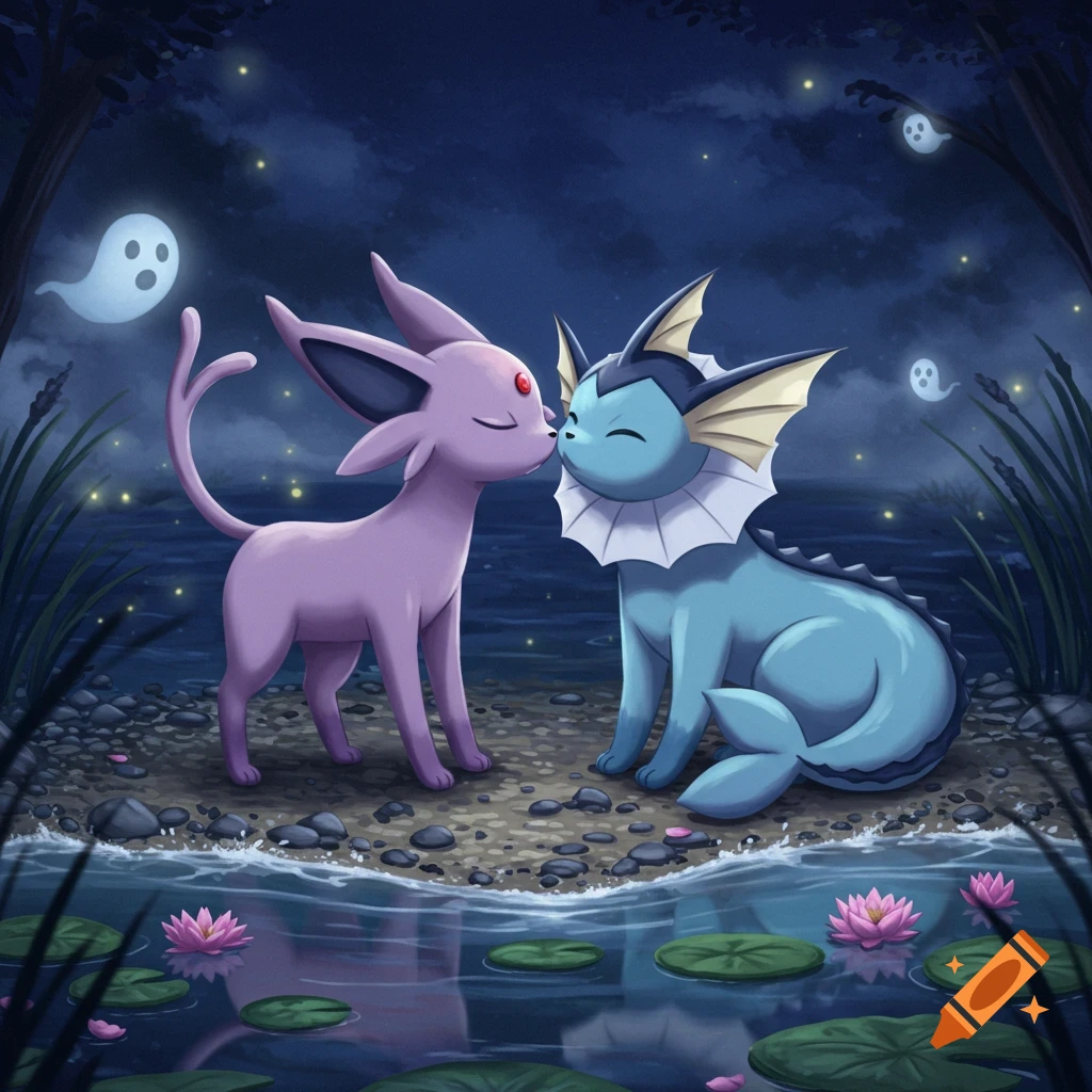 An Espeon and Vaporeon kissing by a moonlit pond in a magical forest, with floating ghost-like figures and fireflies.