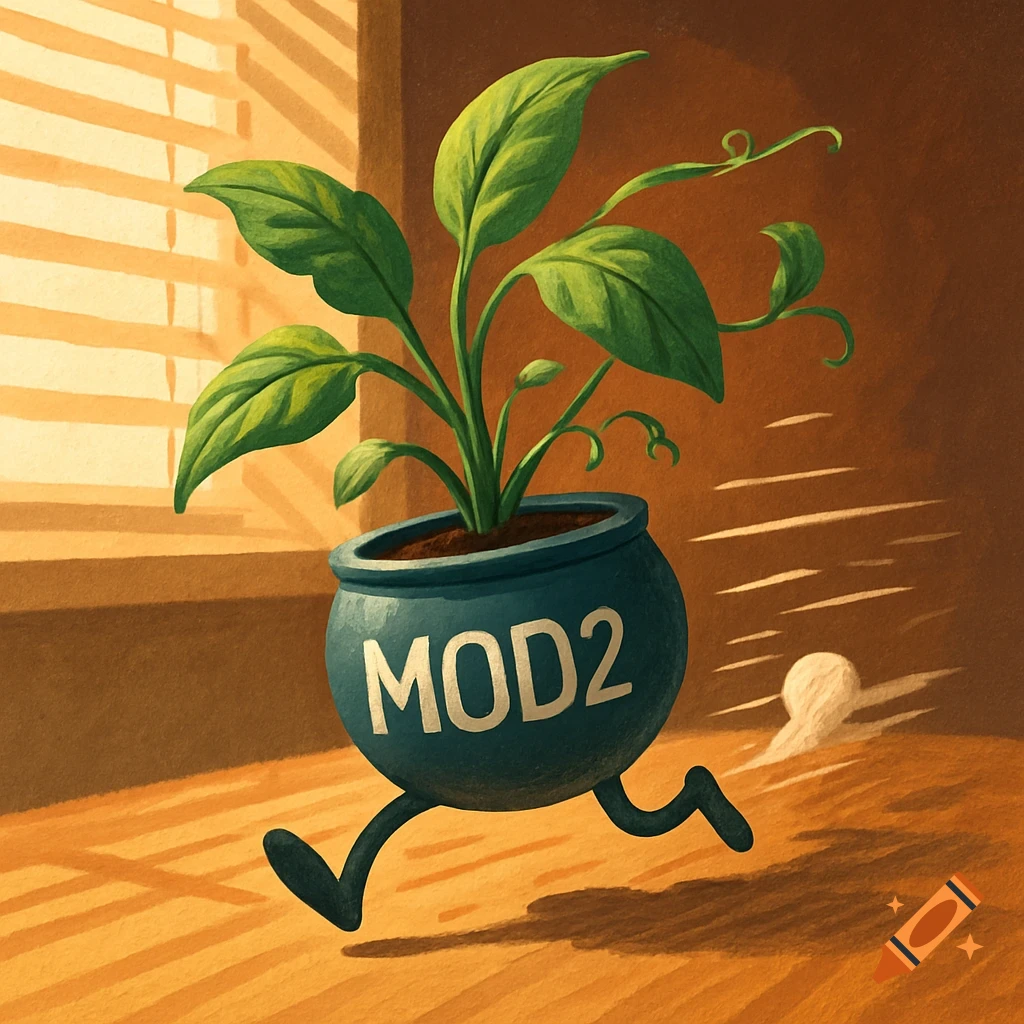 A cartoon illustration of a green plant in a blue pot with 'MOD2' written on it, running across a sunlit wooden floor.