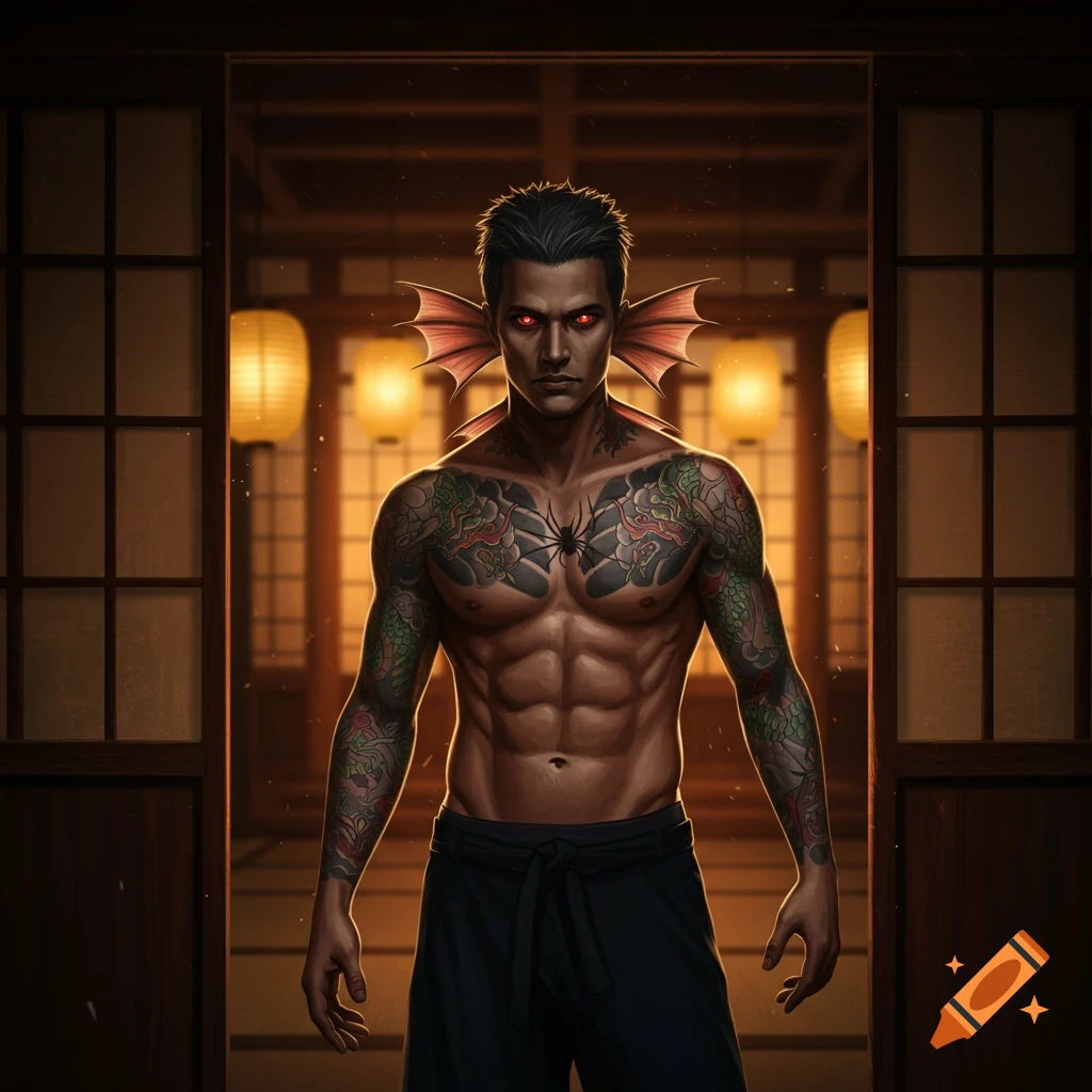 Muscular man with red eyes, gill-like fins, and full-arm tattoos standing in a dojo doorway with lanterns.