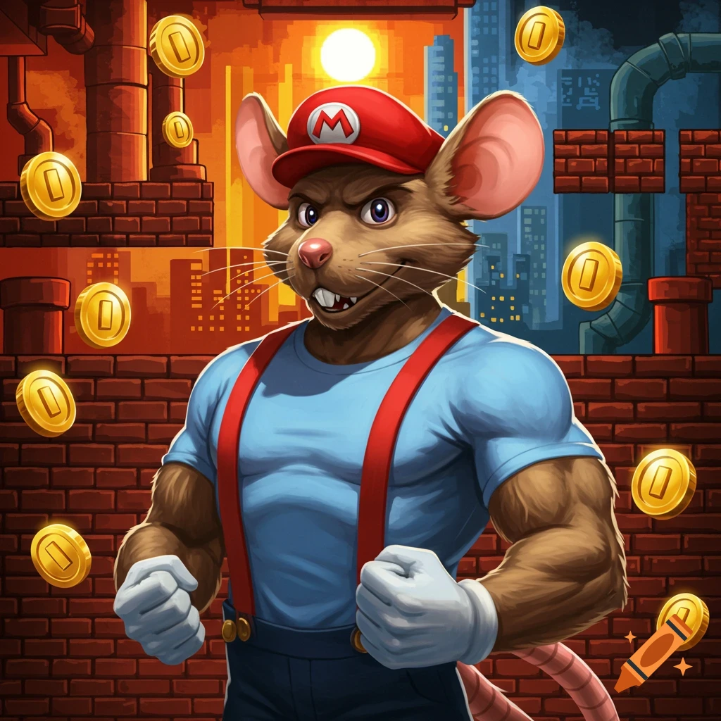 A muscular anthropomorphic rat in a red Mario hat and overalls stands in a pixelated cityscape with floating coins.