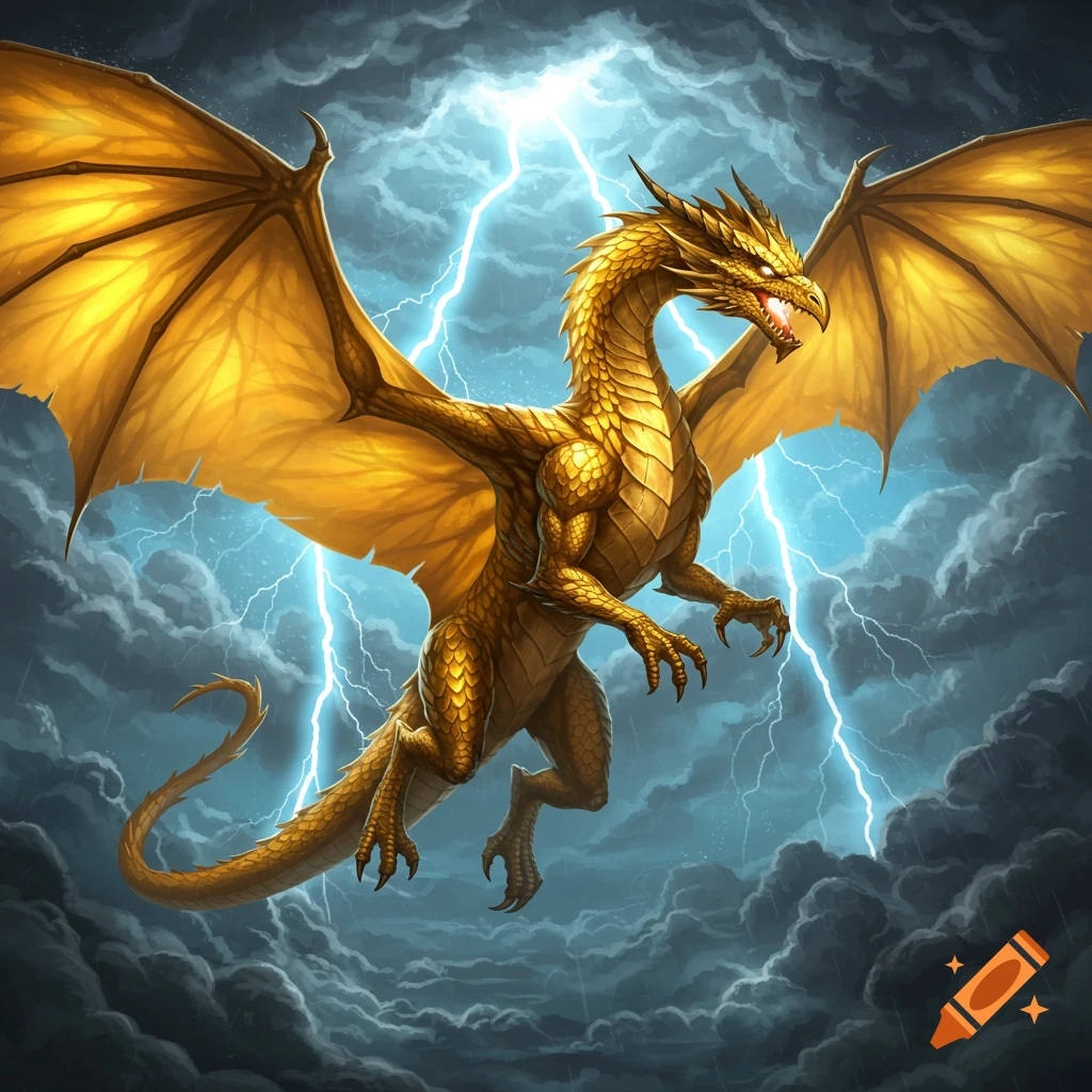 A golden dragon with glowing eyes flies through a stormy sky filled with lightning.