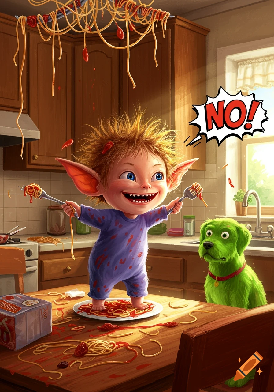 A mischievous child with spiky hair and large ears stands on a plate of spaghetti on a kitchen table, holding forks of pasta. Spaghetti hangs from the ceiling, and a green dog watches with a shocked expression. A speech bubble above the dog says "NO!".