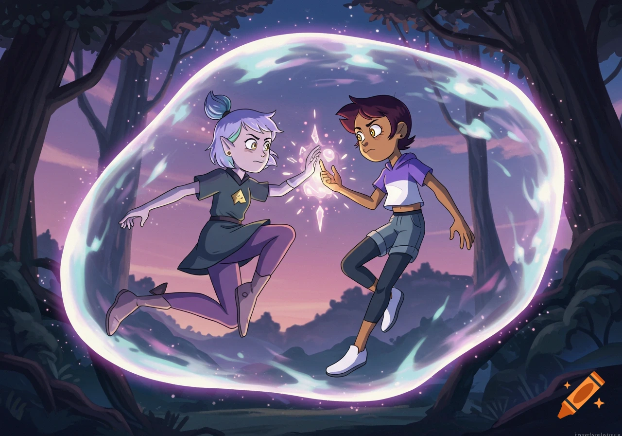 Two animated characters, Luz and Amity, inside a glowing force field in a magical forest, reaching towards a sparkling light.