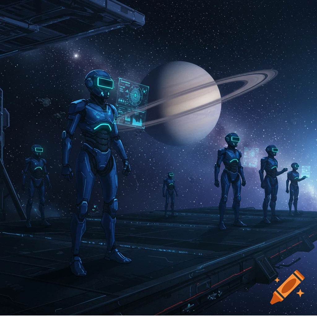 Blue armored humanoids with glowing visors and holographic screens stand on a spaceship platform, looking out at a ringed planet and stars in space.