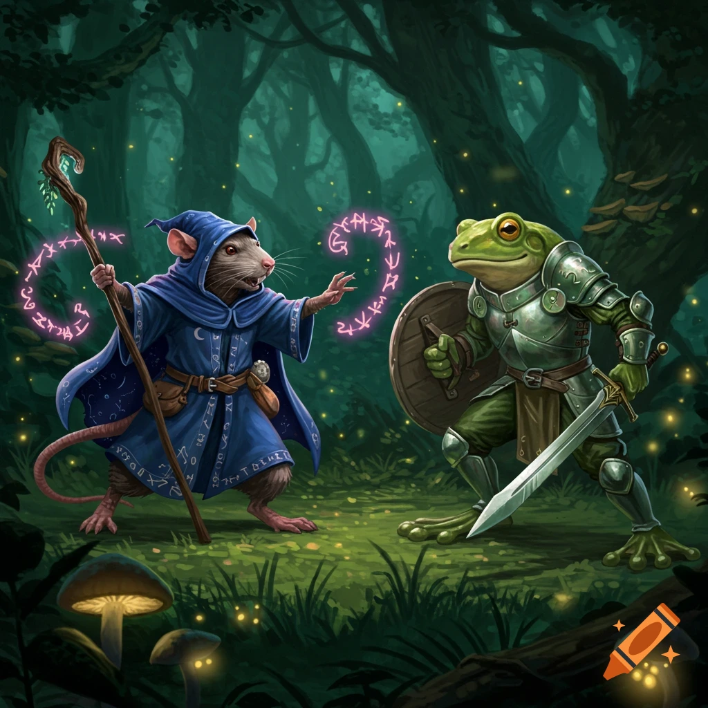 A rat wizard in a blue robe casts a spell with glowing pink runes, facing a frog knight in silver armor holding a sword and shield in a dark forest.