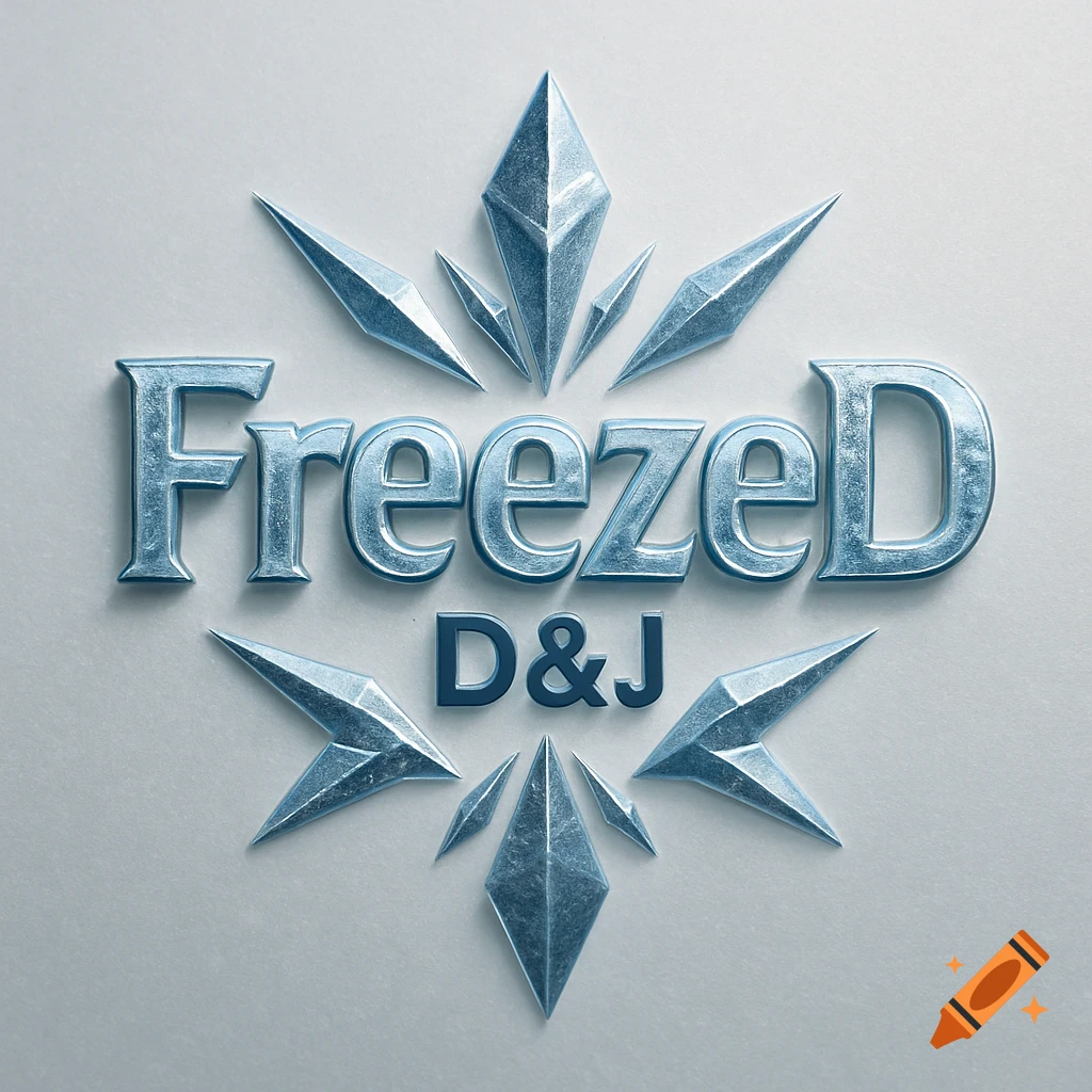 A metallic blue 'FreezeD' logo with 'D&J' below it, surrounded by ice crystal designs on a light background.