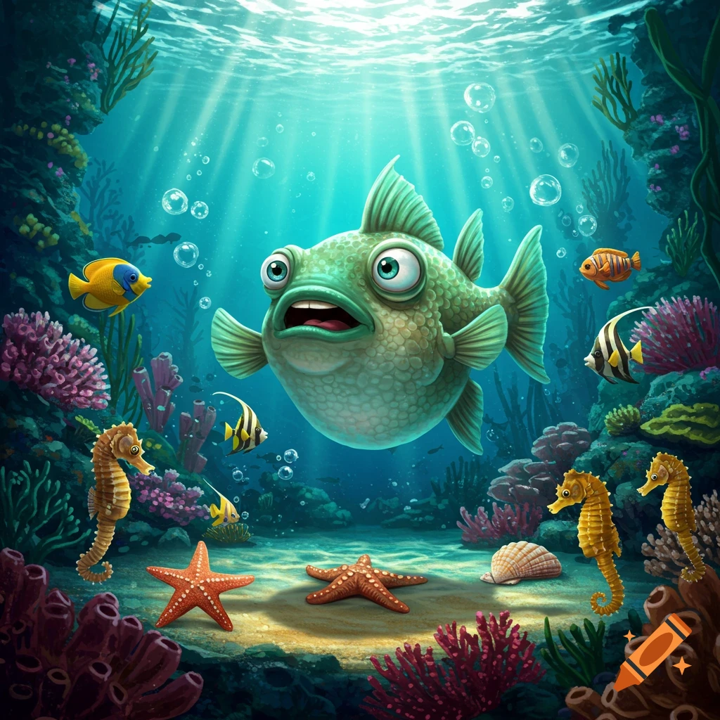 A vibrant cartoon underwater scene with a large, surprised green fish, surrounded by coral, seahorses, starfish, and smaller fish.
