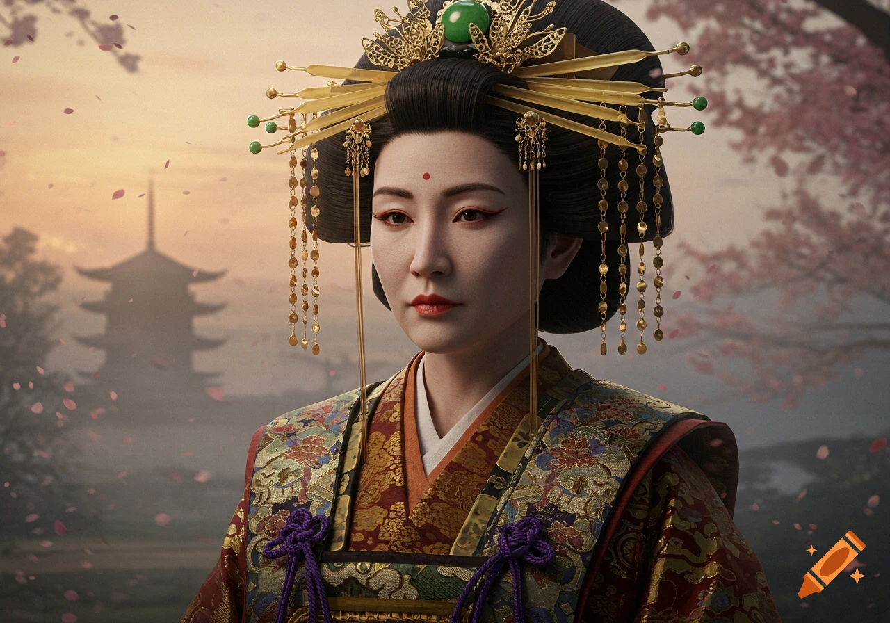 Photorealistic portrait of a woman in elaborate traditional Japanese attire and ornate headdress, with a pagoda and cherry blossoms in the background at sunset.
