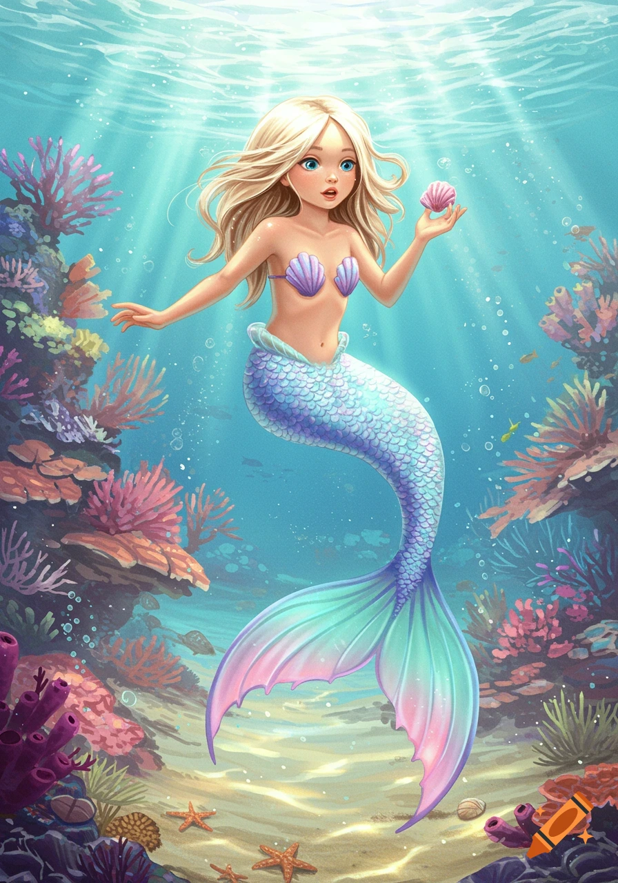 A colorful cartoon mermaid girl with blonde hair holding a pink shell underwater amidst vibrant coral and starfish.
