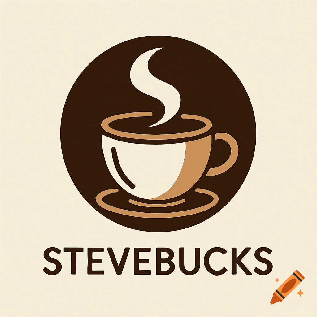 A logo for a coffee shop named Stevebucks, featuring a stylized coffee cup with steam inside a dark circle.