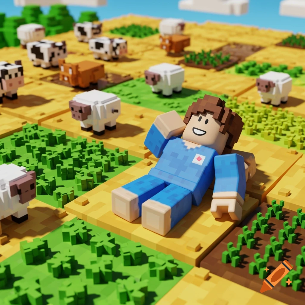 A blocky Roblox character lies in a voxel farm field with blocky animals and plants.