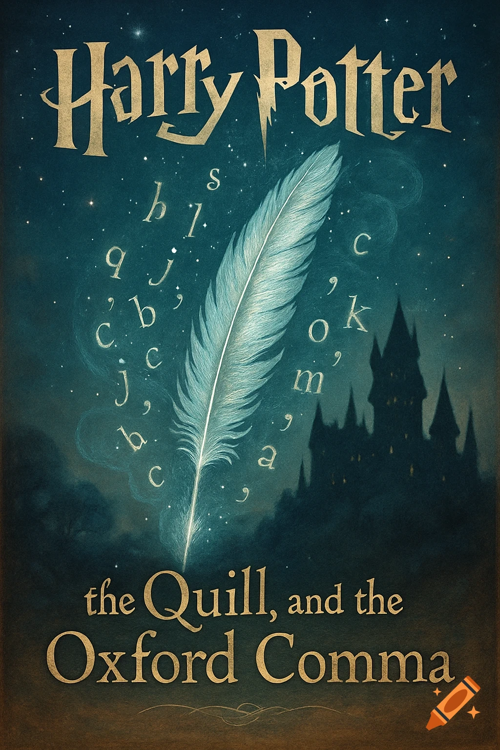 A dark fantasy book cover for 'Harry Potter, the Quill, and the Oxford Comma' features a glowing quill, floating letters, and a silhouetted castle against a starry night sky.