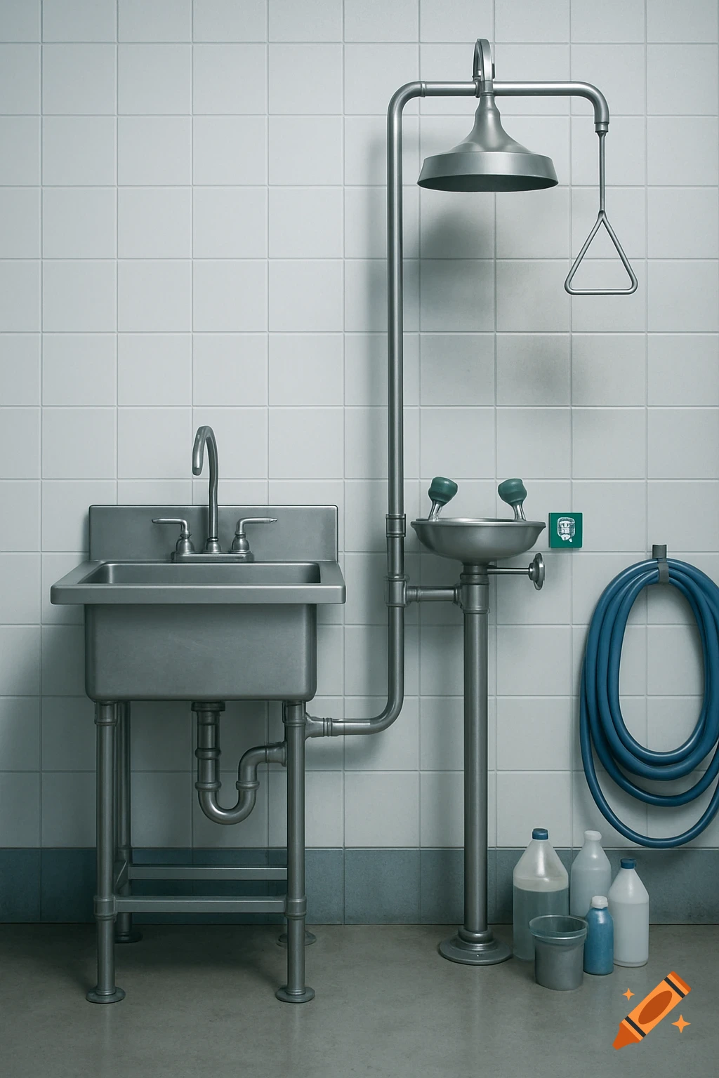 A utility sink, eye wash station, and shower head in a tiled room with a blue hose and bottles on the floor.