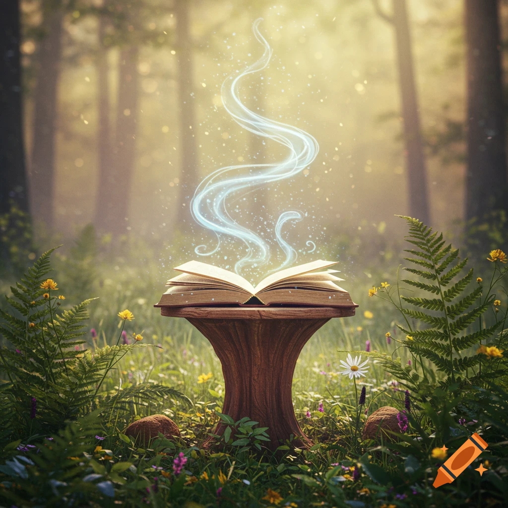 An open spellbook with glowing blue magical wisps emanating from its pages, sitting on a tree stump in a sunlit forest.