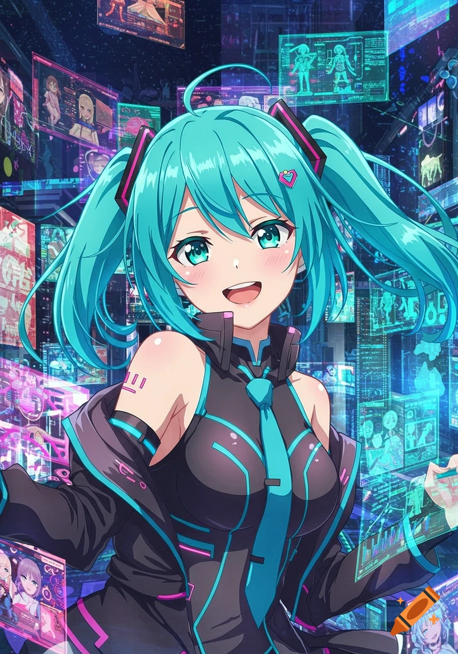 An anime girl with teal pigtails and a black and teal outfit smiles, surrounded by a futuristic city of glowing holographic screens.