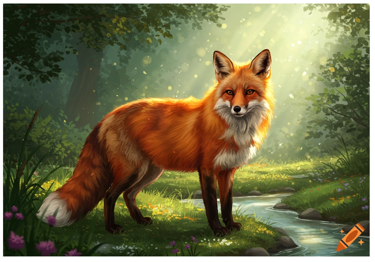 A vibrant, illustrative painting of a red fox standing in a sunny forest next to a stream, surrounded by green foliage and small flowers.