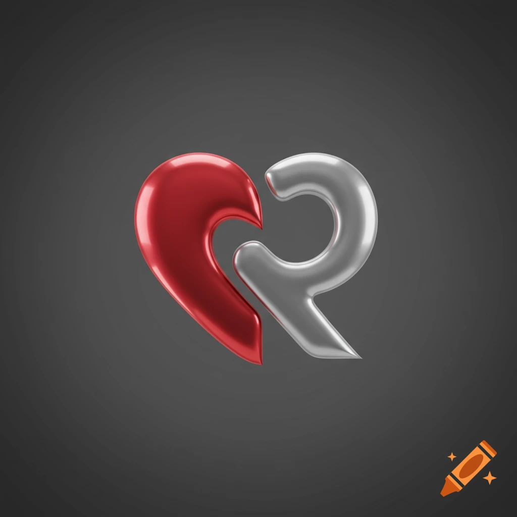 A glossy red heart combined with a silver letter R, centered on a dark gray background.