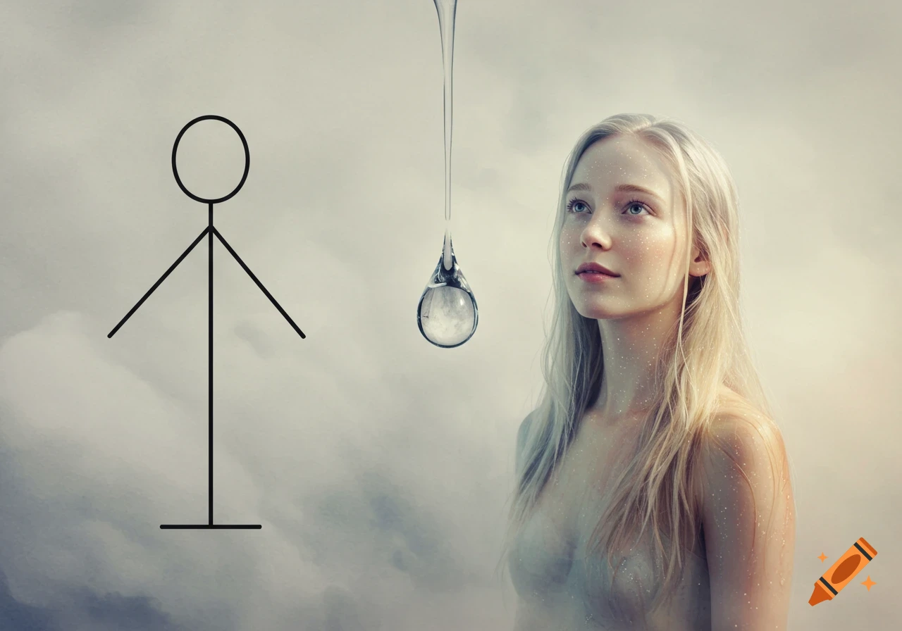 A stick figure on the left, a realistic blonde woman with sparkly skin on the right, and a large water drop suspended between them against a misty background.