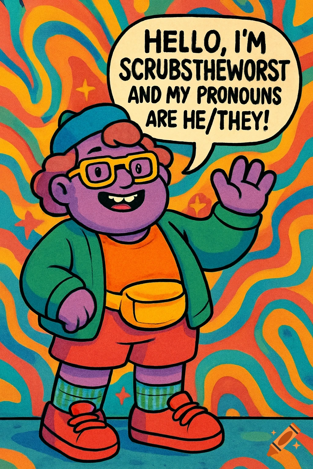 A cartoon person with purple skin, yellow glasses, and a fanny pack waves against a colorful wavy background, saying 'HELLO, I'M SCRUBSTHEWORST AND MY PRONOUNS ARE HE/THEY!'