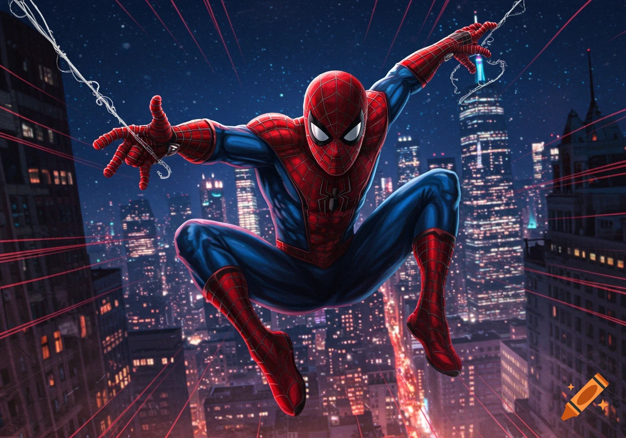 Spider-Man in red and blue suit poses mid-air with webs above a nighttime city skyline, illustrated in comic book style.