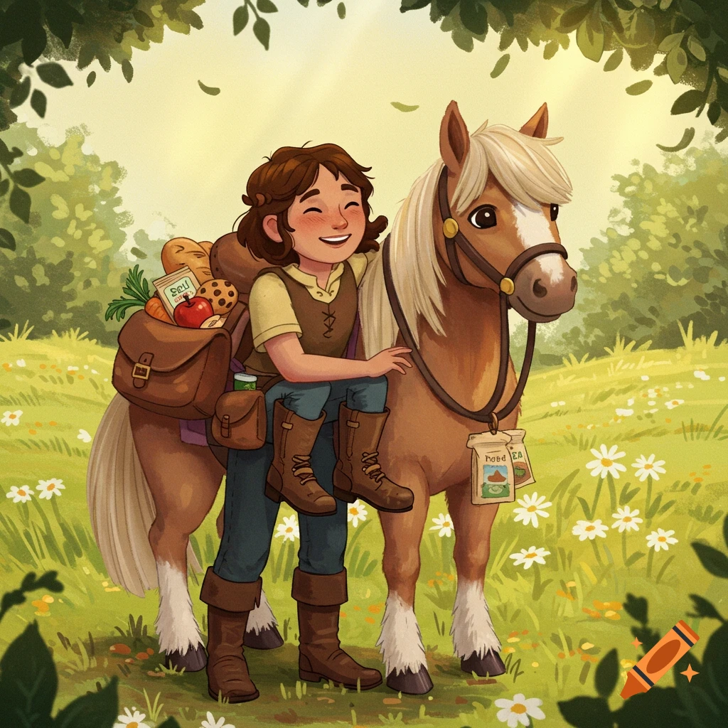 A young, smiling hobbit-like person with a saddlebag full of goods sits on a small horse in a whimsical, green field with white flowers. The horse has two small bags hanging from its neck.