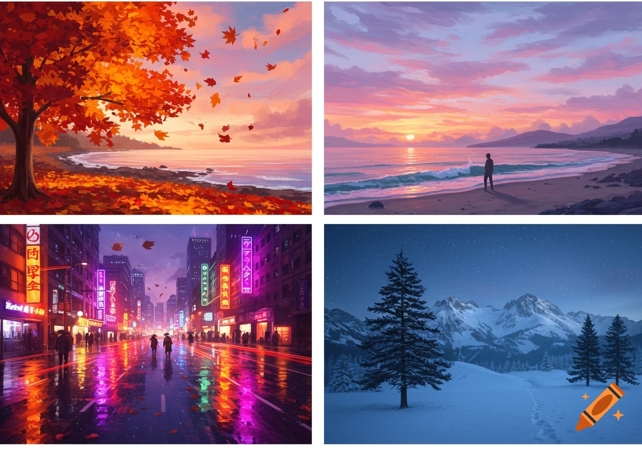 A collage of four stylized landscape scenes: autumn leaves by a lake, a person on a beach at sunset, a rainy neon city street at night, and snowy mountains with evergreen trees.