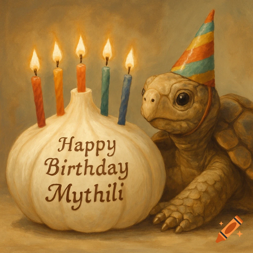 A whimsical painting of a cute turtle in a party hat next to a garlic-shaped birthday cake with candles that reads 'Happy Birthday Mythili'.