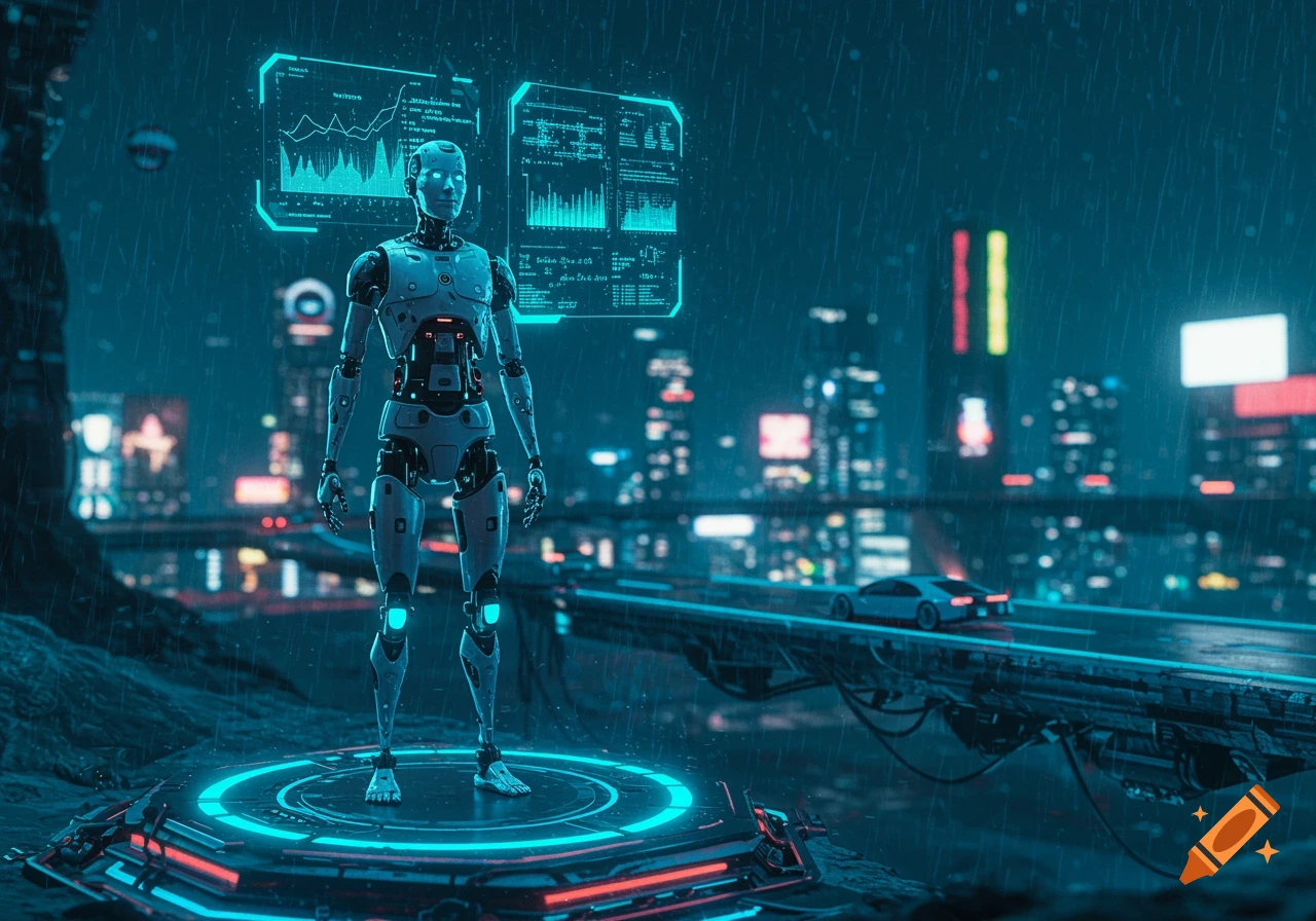 A robot stands on a glowing platform with holographic data screens in a rainy, neon-lit futuristic city.