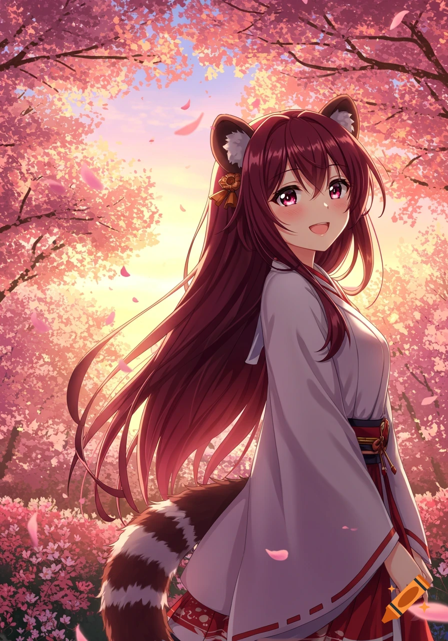 An anime girl with long maroon hair, red panda ears, and a striped tail smiles under a pink cherry blossom canopy with sunlight filtering through.