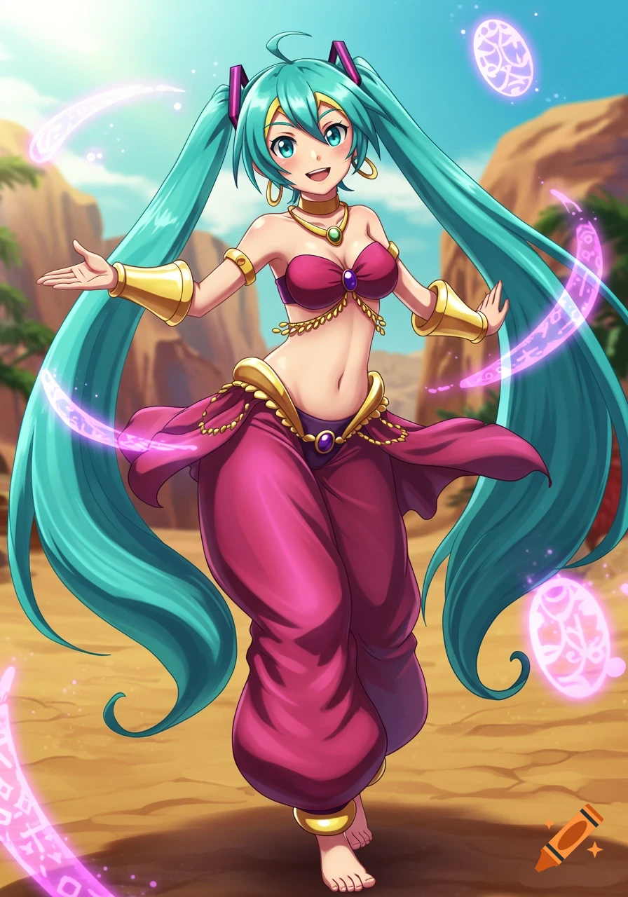 Anime Hatsune Miku in a colorful belly dancer outfit, posing with magical effects in a desert.