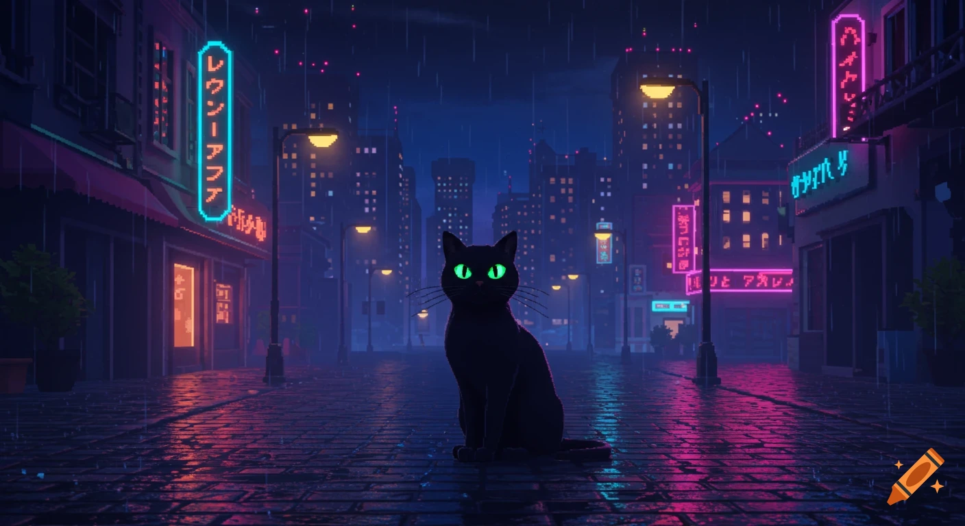 A black cat with glowing green eyes sits on a wet, neon-lit pixel art city street at night in the rain.