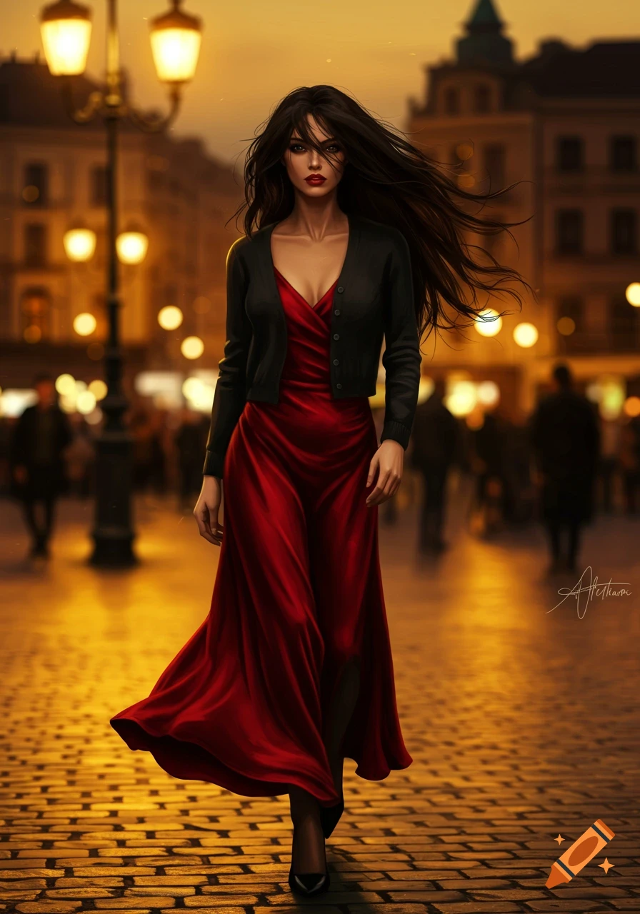 A woman with long dark hair, wearing a red long dress and a black cardigan, walks on a cobblestone street at night, illuminated by streetlights.
